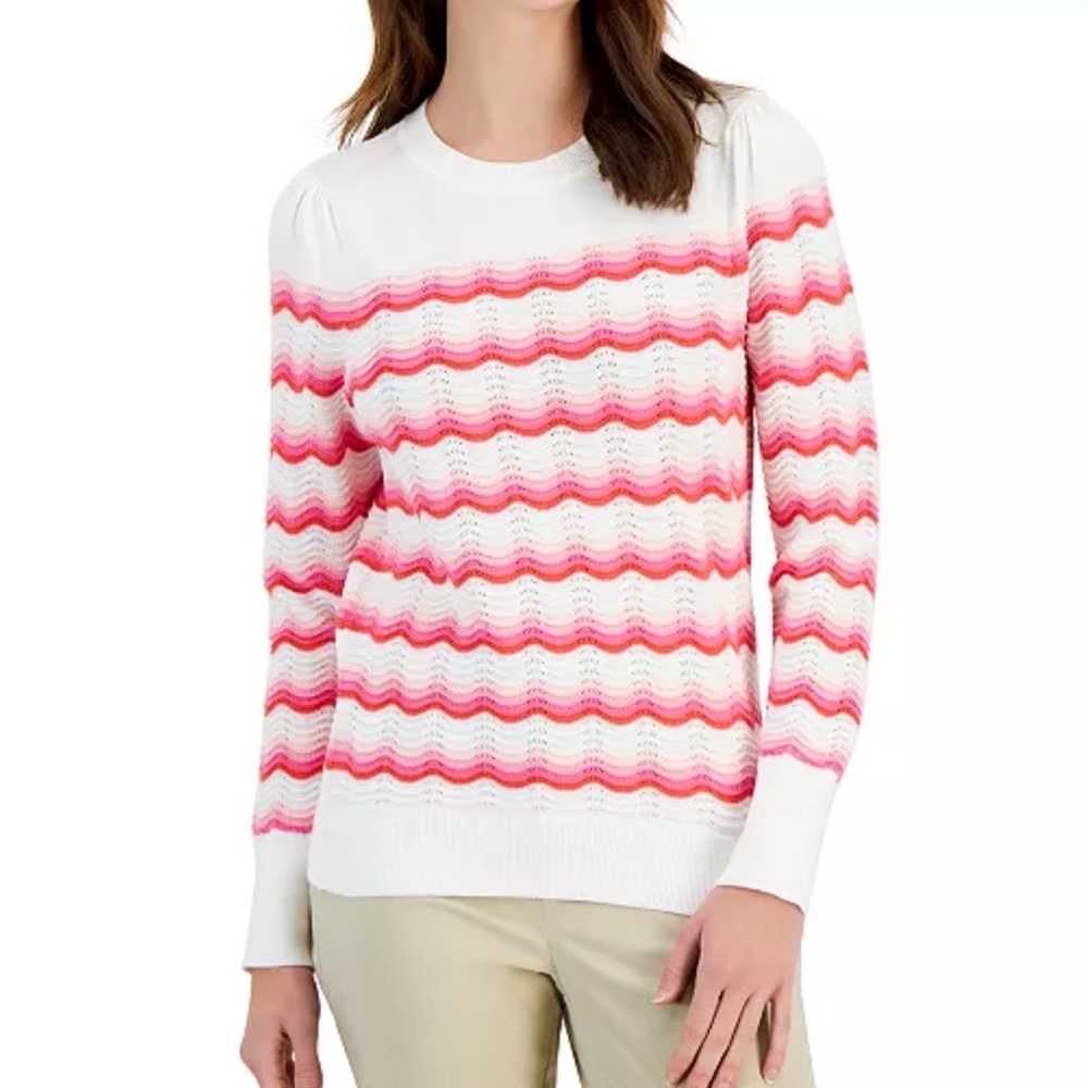 Tommy Hilfiger Wavy Striped Sweater White Pink Size Small Cotton